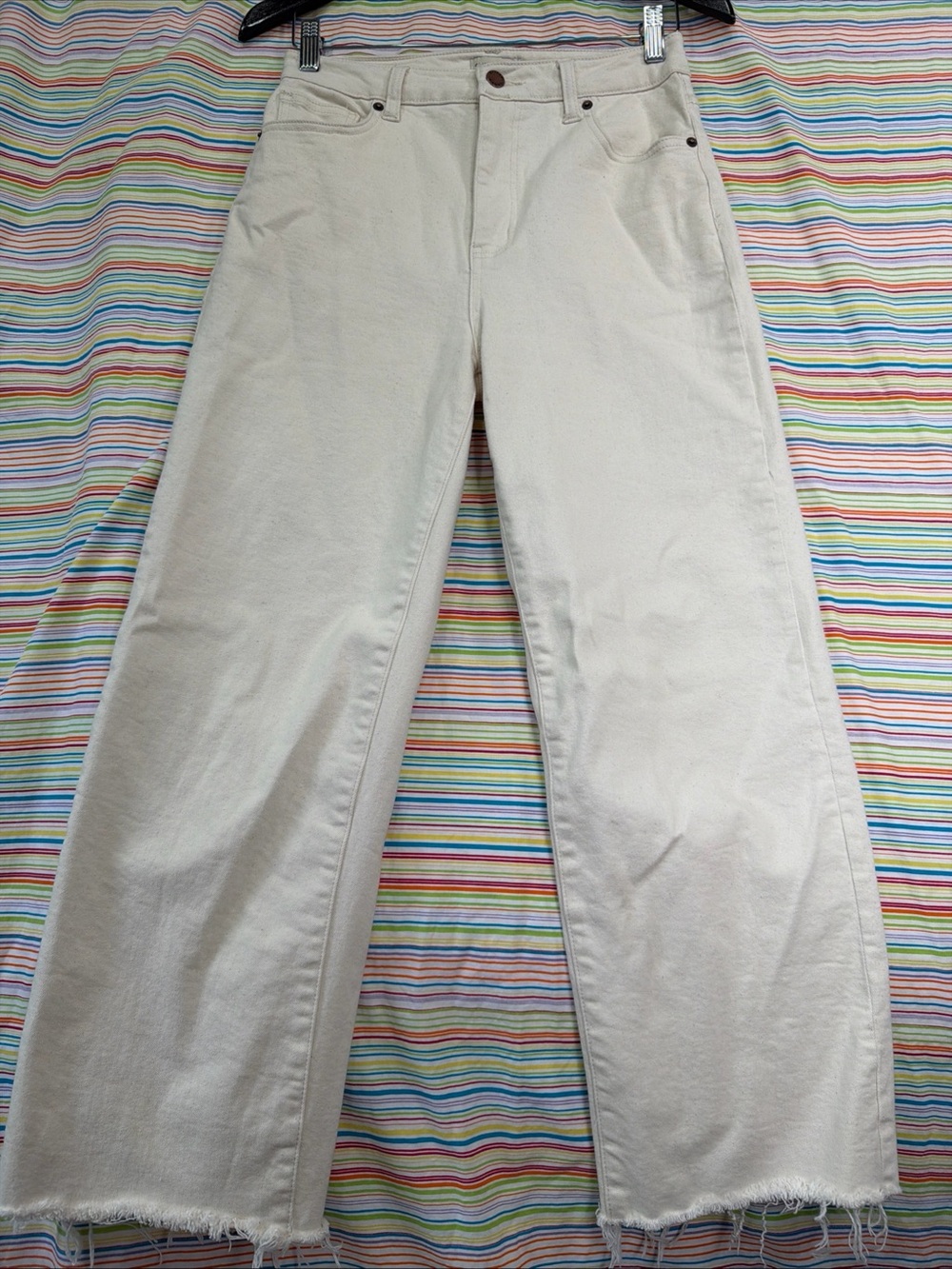 Oliver Logan Jeans 27 Ecru Sill Vous Plait High Rise Wide Leg Crop Raw Hem Jean